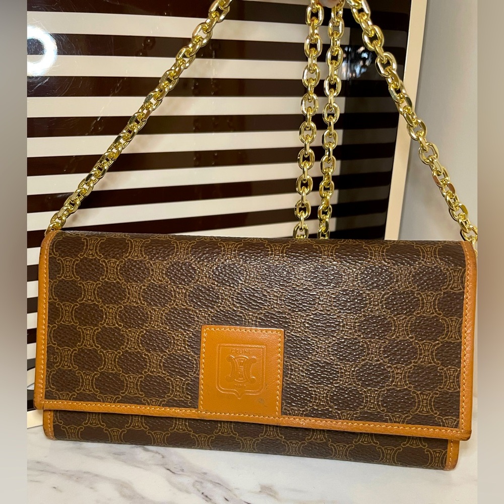 Celine Brown and Gold Clutch with Chain Strap